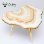 Bàn epoxy chân gỗ họa tiết vân trắng vàng PA0205-020