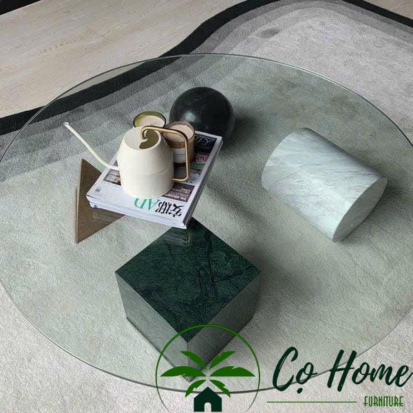 bàn trà trụ đá khối đa sắc, mặt kính